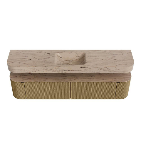 MONDIAZ THOR-DLUX 200cm meuble de salle de bains arrondi gauche + droite couleur Dusk avec 2 tiroirs et 2 portes. Vasque suspendue CLOUD Milieu sans trou de robinet couleur Arena. SW1467069