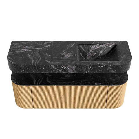 MONDIAZ THOR-DLUX 140cm meuble de salle de bains arrondi gauche + droite couleur Oak avec 1 tiroir et 2 portes. Vasque suspendue CLOUD droite sans trou de robinet couleur Lava. SW1463944
