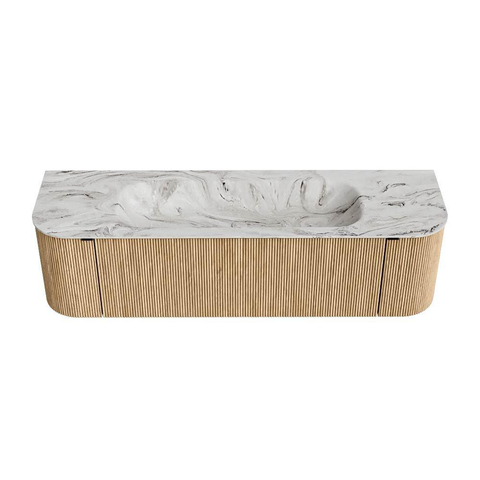 MONDIAZ KURVE-DLUX Meuble de salle de bains 160 cm avec module 25 Len R couleur Oak avec 1 tiroir et 2 portes. Lavabo BIG MEDIUM central sans trou de robinetterie couleur Glace. SW1137946