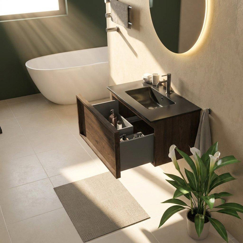Saniclass Holz Frame Ensemble de meubles de salle de bains - 80x45x42cm - Lavabo en céramique Vygo noir - 1 vasque - 1 trou de robinetterie - 1 tiroir - chêne charcoal mat (bois) SW1478958