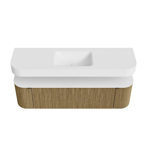 MONDIAZ THOR 160cm meuble de salle de bains arrondi gauche + droite couleur Dusk avec 1 tiroir et 2 portes. Vasque suspendue CLOUD Milieu sans trou de robinet couleur Talc. SW1465022