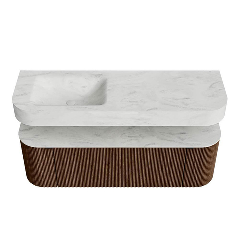MONDIAZ THOR-DLUX 140cm badmeubel ronding links + rechts kleur Walnut met 1 lade en 2 deuren. Vrijhangende wastafel CLOUD Links zonder kraangat kleur Opalo. SW1464088