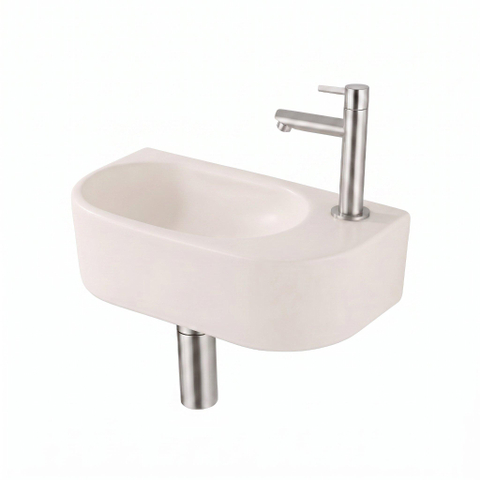 QeramiQ Fuente Lavabo pour WC - 40x22x12 cm - lisse - demi-rond - trou de robinet de Lavabo pour WC a droite - ceramique - robinet de Lavabo pour WC inox brosse - siphon bas - bonde - lin SW1583237
