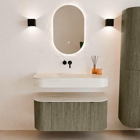 MONDIAZ THOR-DLUX 100cm meuble de salle de bains arrondi gauche + droite couleur Shadow avec 1 tiroir et 2 portes. Vasque suspendue CLOUD Centre sans trou de robinet couleur Meli. SW1467489