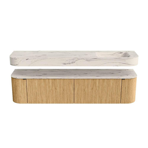 MONDIAZ THOR-DLUX 190cm meuble de salle de bains arrondi gauche + droite couleur Oak avec 2 tiroirs et 2 portes. Vasque suspendue CLOUD Droite 1 trou de robinet couleur Nata. SW1466759