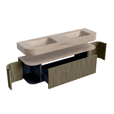 MONDIAZ THOR-DLUX 160cm meuble de salle de bains arrondi gauche + droite couleur Shadow avec 1 tiroir et 2 portes. Vasque suspendue CLOUD Double sans trou de robinet couleur Saba. SW1465359