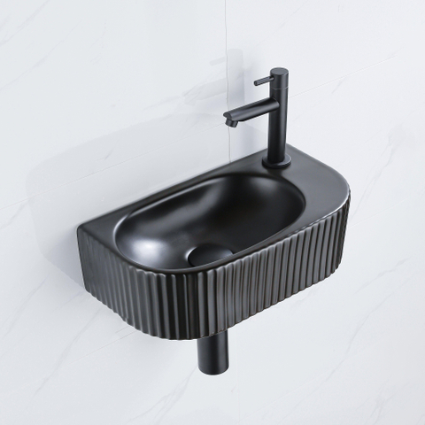 Fugaflow Efficiente Pietra Ensemble lave-mains - 40x21.5x12cm - droite - rainuré - demi-rond - 1 trou de robinet - céramique - robinet de lave-mains noir mat - bonde - siphon abaissé - noir mat SW1442464
