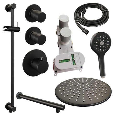 Brauer Black Edition Ensemble de douche pluie encastré - douche principale 30cm - 3 boutons lisses - bras mural droit - glissière - douchette ronde 3 positions - noir mat SW486517