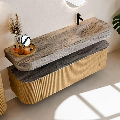 MONDIAZ THOR-DLUX 160cm meuble de salle de bains arrondi gauche + droite couleur Oak avec 1 tiroir et 2 portes. Vasque suspendue CLOUD Droite 1 trou de robinet couleur Oza. SW1465295