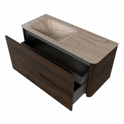 Mondiaz CIRO-DLUX Meuble de salle de bains - 110x45x50cm - Plan vasque Solid surface Saba - 1 vasque à gauche - 1 trou de robinet - 2 tiroirs - Noyer SW1530664