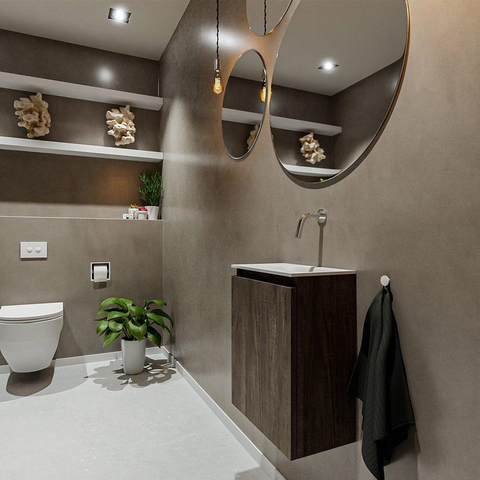 MONDIAZ TURE Kit lave-mains - 40x23x50cm - 0 trous de robinet - 1 porte - marron foncé mat - Lavabo à droite - Solid Surface Blanc SW475179