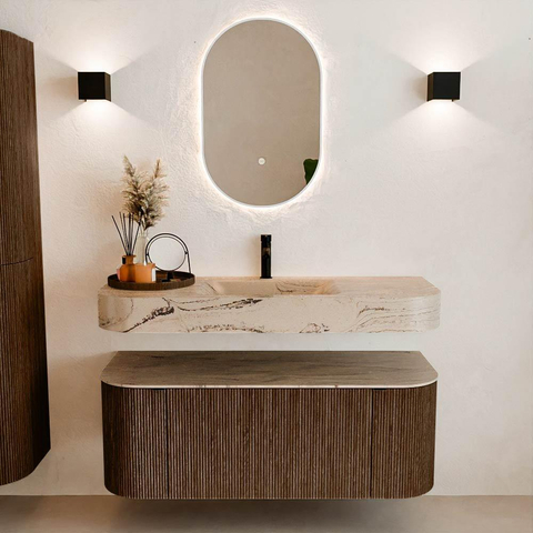 MONDIAZ THOR-DLUX 120cm badmeubel ronding links + rechts kleur Walnut met 1 lade en 2 deuren. Vrijhangende wastafel CLOUD Midden 1 kraangat kleur Arena. SW1463413