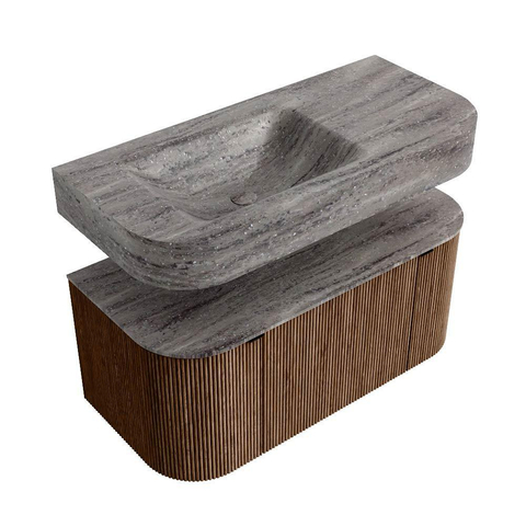 MONDIAZ THOR-DLUX 100cm meuble de salle de bains arrondi gauche + droite couleur Walnut avec 1 tiroir et 2 portes. Vasque suspendue CLOUD Gauche 1 trou de robinet couleur Oza. SW1467578