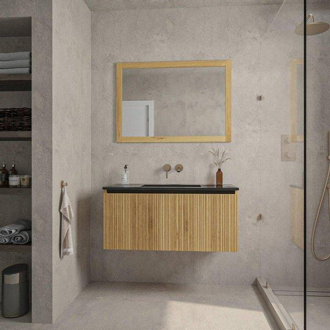 Saniclass Holz Base Meuble de salle de bain - 100cm - 1 vasque en céramique noir - sans trou de robinet - 1 tiroir - miroir - chêne SW857530