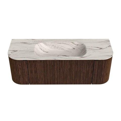 MONDIAZ KURVE-DLUX 130cm badmeubel ronding Links + Rechts kleur Walnut met 1 lade en 2 deuren. Wastafel BIG SMALL Midden zonder kraangat Nata. SW1432183