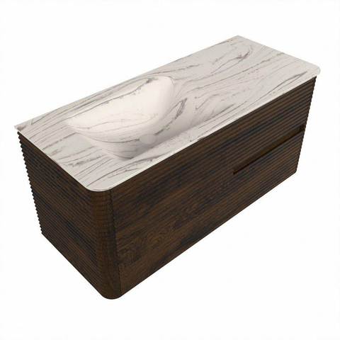 Mondiaz CIRO-DLUX Badkamermeubelset - 110x45x50cm - Solid surface wastafel Nata - 1 wasbak Links - zonder kraangaten - 2 lades - Walnut SW1530542
