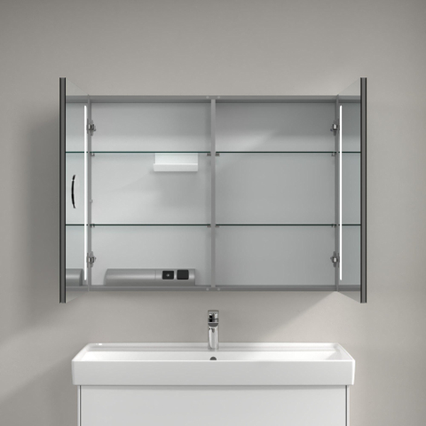 Villeroy & Boch my view 14 My View spiegelkast - met 2 deuren - met geïntegreerde LED verlichting verticaal - 100x75x17.3cm - zilver 1024981