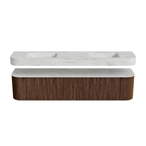 MONDIAZ THOR-DLUX 200cm badmeubel ronding links + rechts kleur Walnut met 2 lades en 2 deuren. Vrijhangende wastafel CLOUD Dubbel zonder kraangat kleur Opalo. SW1466995