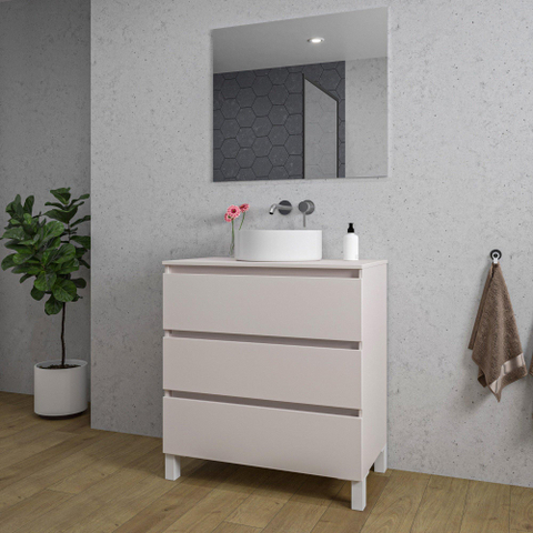 Saniclass Chaci PLUS Meuble de salle de bain - 80x86x46cm - vasque - plan de toilette - 3 tiroirs - miroir rectangulaire - mat cotton (beige) SW1182419