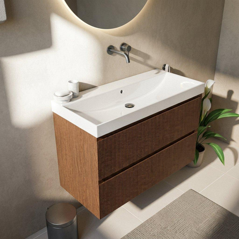 Saniclass Holz Atelier Badkamermeubelset - 100x45x67.5cm - Wave keramische wastafel - 1 wasbak - zonder kraangat - 2 lades - mat walnut pure (hout) SW1479035