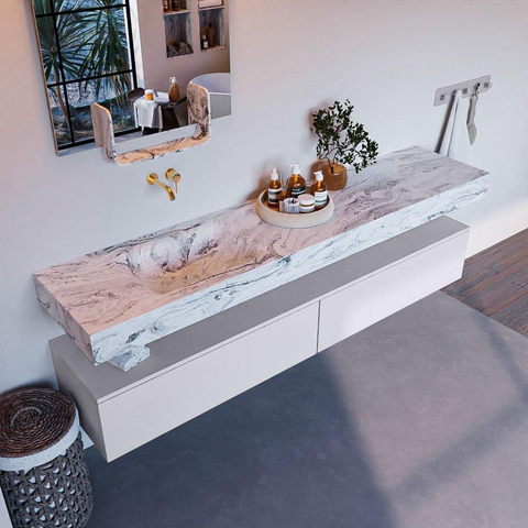 Mondiaz ALAN-DLUX Ensemble de meuble - 200cm - meuble Cale mat - 2 tiroirs - Lavabo Cloud Glace suspendu - vasque Gauche - 0 trous de robinet SW805799