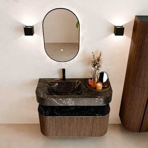 MONDIAZ THOR-DLUX Meuble de salle de bains - 100cm - arrondi gauche + droite - couleur Walnut - 1 tiroir et 2 portes - Vasque suspendue CLOUD gauche 1 trou de robinet couleur Lava SW1467376