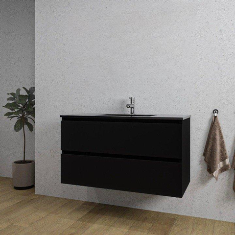 Saniclass Chaci Meuble de salle de bain - 100x45x55cm - lavabo en céramique noir mat - 1 vasque - 1 trou de robinet - 2 tiroirs - noir mat SW809381