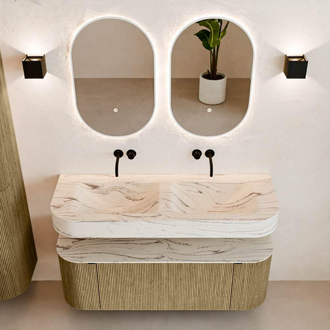 MONDIAZ THOR-DLUX 130cm meuble de salle de bains arrondi gauche + droite couleur Dusk avec 1 tiroir et 2 portes. Vasque suspendue CLOUD Double sans trou de robinet couleur Nata. SW1463880