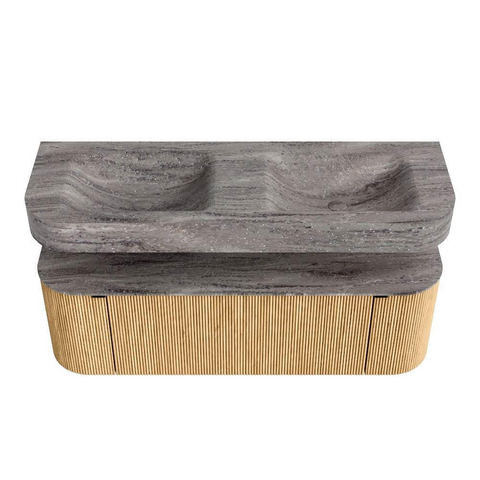 MONDIAZ THOR-DLUX Meuble de salle de bains 140cm arrondi gauche + droite couleur Oak avec 1 tiroir et 2 portes. Vasque suspendue CLOUD Double 2 trous de robinet couleur Oza. SW1464285