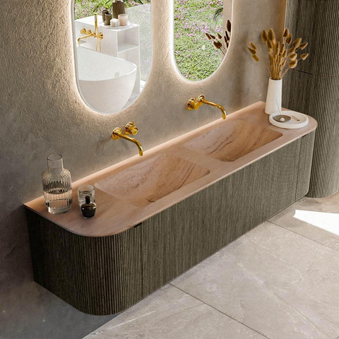 MONDIAZ KURVE-DLUX Meuble de salle de bains 170cm arrondi Gauche + Droite couleur Shadow avec 1 tiroir et 2 portes. Vasque LEAF Double sans trou de robinet Saba. SW1433279