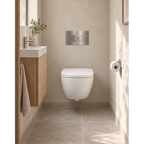 Pack WC QeramiQ Dely Swirl Compact - réservoir encastrable Geberit UP320 - avec bâti-support Burda - abattant 25 mm - plaque de commande en métal inox - boutons ronds - blanc mat SW1595661
