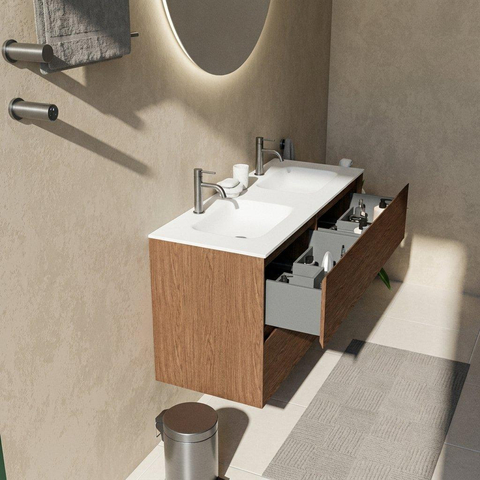 Saniclass Holz Pure Badkamermeubelset - 120x45x61.5cm - Flow solid surface wastafel wit - 2 wasbakken - 2 kraangaten - 4 lades - mat walnut pure (hout) SW1478428