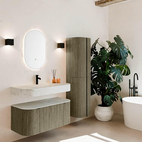 MONDIAZ THOR-DLUX Meuble de salle de bains - 100cm - arrondi gauche + droite - couleur Shadow - 1 tiroir - 2 portes - Vasque suspendue CLOUD Milieu 1 trou de robinet couleur Opalo SW1467522