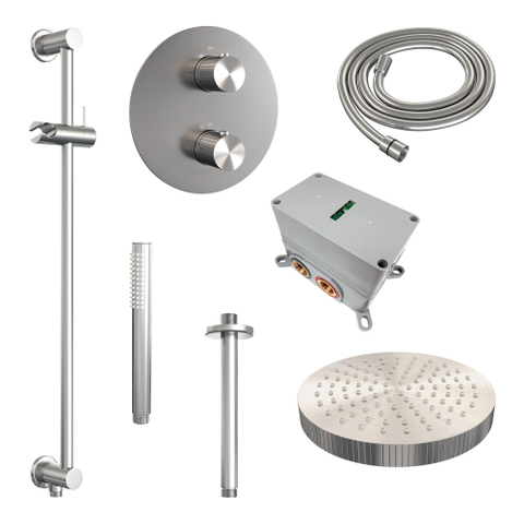 BRAUER Stripe Douche de tête thermostatique encastrée - 3 voies - ronde - SET 45 - pomme de douche 25cm - bras de plafond - douchette à main avec barre coulissante intégrée - flexible de douche - finition PVD brossée couleur inox SW1435083