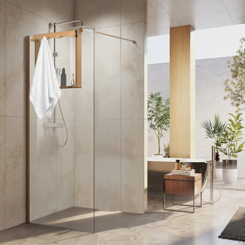 Fortifura Galeria schap met 4 haken - voor douchewand - 50x50x6.5cm - geborsteld koper SHOWROOMMODEL SHOW26119