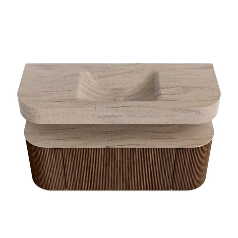 MONDIAZ THOR-DLUX 120cm badmeubel ronding links + rechts kleur Walnut met 1 lade en 2 deuren. Vrijhangende wastafel CLOUD Midden 1 kraangat kleur Saba. SW1463454