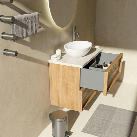 Saniclass Holz Frame Ensemble meuble de salle de bains - 80x45x63cm - Plan en pierre naturelle travertin - 1 trou de robinetterie - 2 tiroirs - chêne naturel mat (bois) SW1580028