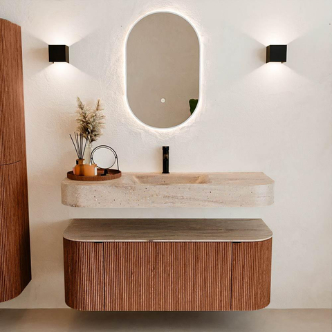 MONDIAZ THOR-DLUX 120cm badmeubel ronding links + rechts kleur Ruby met 1 lade en 2 deuren. Vrijhangende wastafel CLOUD Midden 1 kraangat kleur Saba. SW1463484