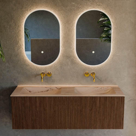 MONDIAZ KURVE-DLUX 130cm badmeubel kleur Walnut met 2 lades en 0 deuren. Wastafel LEAF Dubbel zonder kraangat Arena. SW1431253