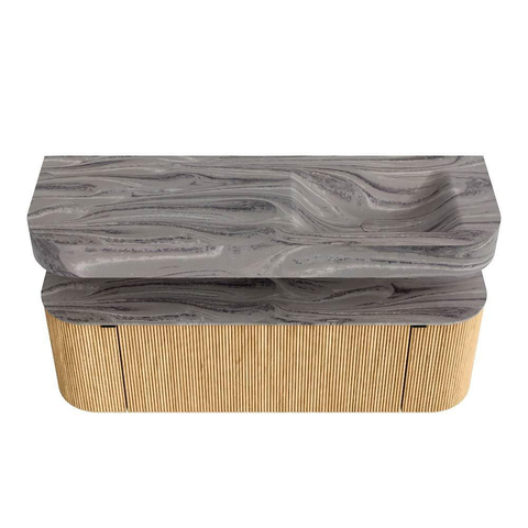 MONDIAZ THOR-DLUX 140cm badmeubel ronding links + rechts kleur Oak met 1 lade en 2 deuren. Vrijhangende wastafel CLOUD Rechts 1 kraangat kleur Sombra. SW1464345