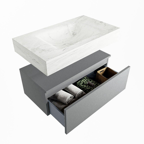 MONDIAZ ALAN-DLUX badkamermeubelset 80cm badmeubel onderkast Plata 1 lade met vrijhangende wastafel CLOUD midden zonder kraangat kleur Opalo SW807236