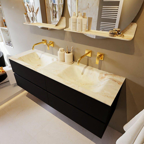 MONDIAZ VICA-DLUX Ensemble meuble de salle de bains - 150cm - meuble bas Urban - 4 tiroirs - vasque encastrée Cloud double - sans trous de robinet - version haute 60cm - Frappe SW1088693