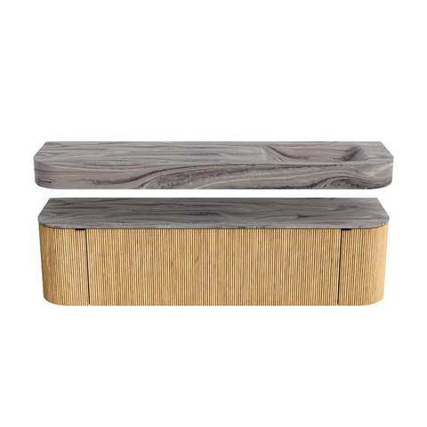 MONDIAZ THOR-DLUX 170cm badmeubel ronding links + rechts kleur Oak met 1 lade en 2 deuren. Vrijhangende wastafel CLOUD Rechts 1 kraangat kleur Sombra. SW1465842