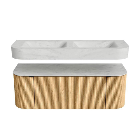 MONDIAZ THOR-DLUX 130cm meuble de salle de bains arrondi gauche + droite couleur Oak avec 1 tiroir et 2 portes. Vasque suspendue CLOUD Double 2 trous de robinet couleur Opalo. SW1463554