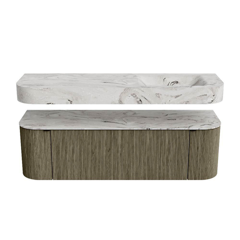 MONDIAZ THOR-DLUX 150cm meuble de salle de bains arrondi gauche + droite couleur Shadow avec 1 tiroir et 2 portes. Vasque suspendue CLOUD droite sans trou de robinet couleur Glace. SW1464739