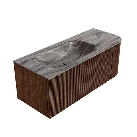 MONDIAZ KURVE-DLUX 115cm badmeubel ronding Rechts kleur Walnut met 1 lade en 1 deur. Wastafel BIG SMALL Links zonder kraangat Sombra. SW1433659