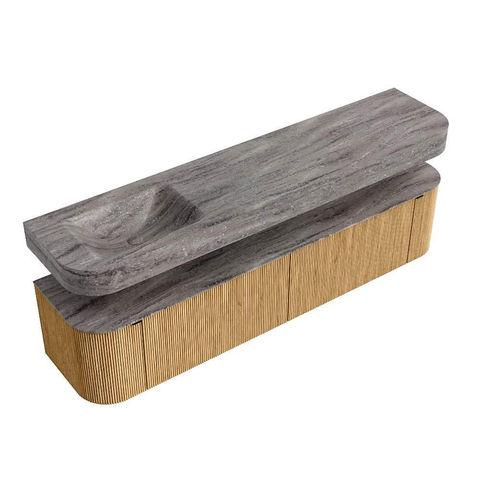 MONDIAZ THOR-DLUX Meuble de salle de bains - 200cm - arrondi gauche + droite - couleur Oak - 2 tiroirs et 2 portes - Vasque suspendue CLOUD Gauche 1 trou de robinet couleur Oza SW1467184