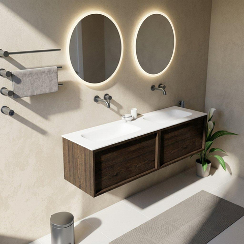 Saniclass Holz Frame Badkamermeubelset - 160x45x41.5cm - Flow solid surface wastafel wit - 2 wasbakken - zonder kraangaten - 2 lades - mat eiken charcoal (hout) SW1478448