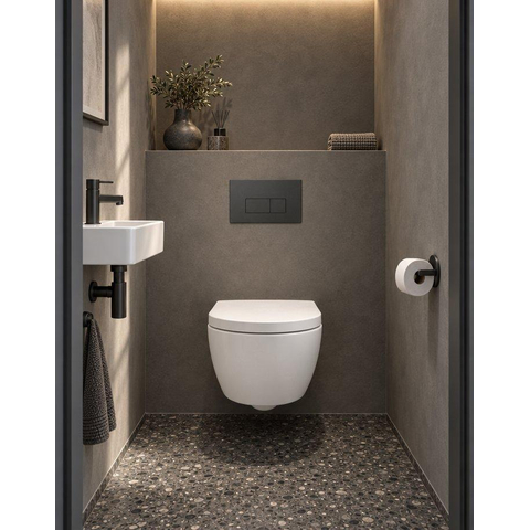 QeramiQ Dely Swirl Compact Toiletset - inbouwreservoir QeramiQ flush - 25mm zitting - kunststof bedieningsplaat mat antraciet - rechthoekige knoppen - mat wit SW1590821