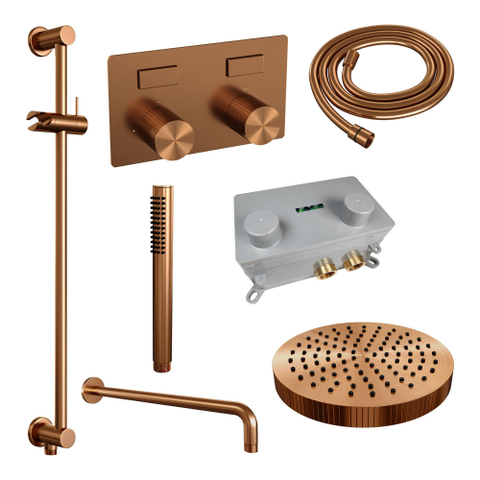 BRAUER Stripe Douche de tête thermostatique encastrée - boutons-poussoirs - pomme de douche 25cm - bras mural courbé - douchette à main sur barre - flexible de douche - barre coulissante intégrée - cuivre brossé PVD SW1435212